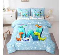 Erosebridal Cute Dinosaurs Twin Bed in A Bag 7 Piece Jungle Dinosaur Comforter Set with Sheets Cartoon Initial Letter W Bedding Sets for Kids Adults,Dino Wild Animals Bed Set