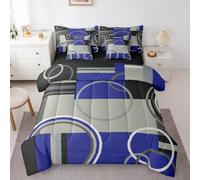 Erosebridal Dark Blue Black Gray 7 Piece Comforter Set Queen Modern Swirls Striped Bedding Set Abstract Circles Rings Bed in a Bag Geometric Plaid Gromment Spiral Graphic Art Flat Fitted Sheet