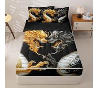 Erosebridal Dragon Twin Zipper Bedding Set Horns Zip Up Comforter Set with Sheets Mythical Creatures Chinese Dragon Bed in a Bag 3D Dragons Black Gold Zipper Quilt Fitted Sheet,2 Pillowcases