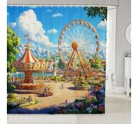 Erosebridal Ferris Wheel Shower Curtain,Amusement Park Bath Curtain with Hooks,Carousel Fabric Shower Curtain,Woodland Snow Mountain Cloud Bathroom Accessories Washable Decorative Bathroom,72" Wx84 L