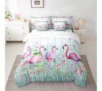 Erosebridal Flamingo 7 Pcs Comforter Set Twin, Pink Flamingo Sheet Set Bed in A Bag Hawaiian Tropical Bird Animals Duvet Set Girls Romantic Quilt Set, Pink White Duvet Set