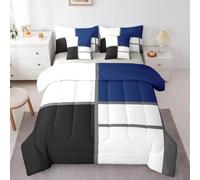 Erosebridal Geometric Abstract King 7-Piece Bedding Set for Adult Women Men Blue and White Striped Comforter Set Geometry Square Grid Bed in a Bag Modern Art Patchwork Bed Collections for Minimalist
