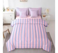 Erosebridal Geometric Stripes Bedding Set King Sky Blue Vertical Stripe Comforter Set 7 Piece Contemporary Line Bed in A Bag for Adults Modern Aesthetic Simple Quilt with Flat Fitted Sheet