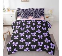 Erosebridal Girls Black Purple Bow Bedding Set with Sheets 7 Pcs Full Checkered Bow Comforter Set for Kids Teen Women Coquette Room Decor Y2K Preppy Cool Bowknot Bed in A Bag Girly Aesthetic Bed Sets