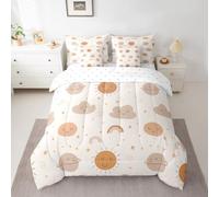 Erosebridal Girls Rainbow 7 Piece Comforter Set Full Bed in a Bag Kids Sun and Stars Quilt Children Kawaii Planets Clouds Sheet Set Girly Cartoon Theme Bedding Set Iridescent Print Down Comforter