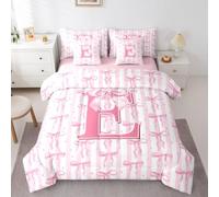 Erosebridal Girly Pink Bow Twin Size Bedding Set Geometric Stripes Bowtie 7 Pieces Comforter Set with Sheets Princess Watercolor Letter E Bowknot Bed in a Bag Coquette Stars Polka Dot Bows Bed Sets