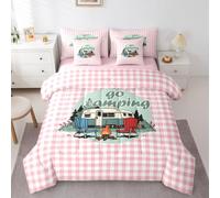 Erosebridal Go Camping RV Queen Bedding Set Rustic Cabin Camper Comforter Set with Flat and Fitted Sheet Kids Girl Cute Pink Geometric Grid 7-Piece Bed in a Bag Retro Travel Trailer Quilt Sets