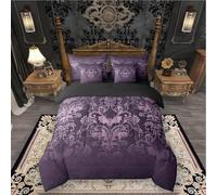 Erosebridal Gothic Damask Bed in a Bag King Size Comforter Set 7 Pieces,Halloween Bat Bedding Sets Purple Victorian Floral Goth Sheet Set with Comforter