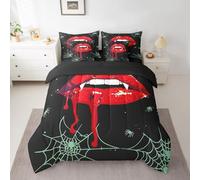 Erosebridal Gothic Halloween 7 Pieces Bedding Set Red Bleeding Lips Horror Theme Twin Comforter Set with Sheets for Boys Girls Kids Room Decor Spider Web Mint Green Bed in a Bag Bed Set Reversible