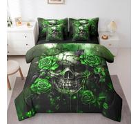 Erosebridal Gothic Skull 7 Piece Bedding Set King Rose Sugar Skull Halloween Comforter Set with Sheets for Adults Men Women,Green Floral Spooky Skeleton Bed in A Bag Plants Flowers Rose Bed Set