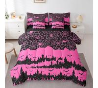 Erosebridal Halloween 7 Piece Comforter Set Full Bed in a Bag,Gothic Bats Spider Web Castle Bedding Sets for Kids Boys Girls Goth Horror Theme Pink Black Wild Animals Birds Sheet Set with Comforter