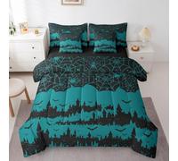 Erosebridal Halloween Bats 7 Piece Comforter Set Full Bed in a Bag,Navy Blue Black Spider Web Castle Bedding Sets for Kids Boys Girls Gothic Horror Theme Wild Animals Birds Sheet Set with Comforter
