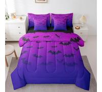 Erosebridal Halloween Bats 7 Piece Comforter Set Twin,Purple Blue Ombre Bed in a Bag with Flat Sheet and Fitted Sheet for Kids Boys Girls,Spider Web Birds Bedding Set with Pillowcase and Sham