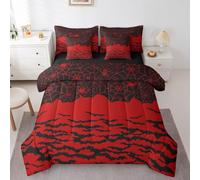 Erosebridal Halloween Decorations 7 Piece Comforter Set Twin Bed in a Bag,Red Black Bats Spider Web Bedding Sets for Kids Boys Girls Gothic Wild Animals Birds Geometric Sheet Set with Comforter