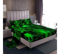 Erosebridal Halloween Skull Bed Sheets Full Gothic Skeleton Sheet Set for Kids Boys Teens Adults Men,Trippy Hippie Smoke Bedding Sheets Goth Skull Fitted Sheet Black Green Flat Sheet 2 Pillow Cases