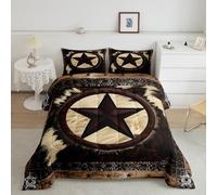 Erosebridal Highland Cow Comforter Set for Kids Boys Girls,Farmhouse Cowhide Bedding Sets King Size,Western Texas Star Duvet Insert Warm,Rustic Wooden Fur Down Comforter with 2 Pillow Shams Soft