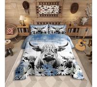 Erosebridal Highland Cow Print Comforter Set Queen,Blue Western Farmhouse Bedding Sets Rustic Home Decor,Longhorn Cattle Farm Animal Bed Set Graffiti Daisy Flowers Quilt Cowboys Gifts for Men Women