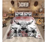 Erosebridal Highland Cow Print Comforter Set Queen,Red Western Farmhouse Bedding Sets Rustic Home Decor,Longhorn Cattle Farm Animal Bed Set Graffiti Daisy Flowers Quilt Cowboys Gifts for Men Women
