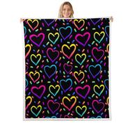 Erosebridal Hippie Love Heart Fleece Blanket Black Pink Blue Throw Blanket for Bed, Rainbow Polka Dots Sherpa Blanket Kawaii Cute Hearts Blanket, Girly Glowing Neon Heart Bed Blanket Cozy Soft