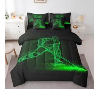Erosebridal Hockey Puck Silhouette 7 Piece Bedding Set Full Hockey Player Comforter Set with Sheets Winter Sport Game Bed in a Bag Black Green for Kids Boys Adult Men