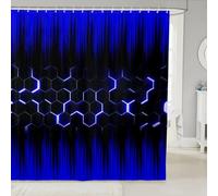 Erosebridal Honeycomb Shower Curtain Set Neon Blue and Black Geometric Bathroom Curtains for Kids Adult,Hexagon Beehive Pattern Fabric Shower Curtain,Gradient Stripes Bath Curtain 72" Wx72 L