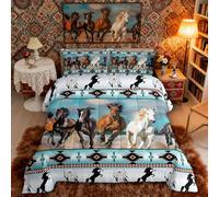 Erosebridal Horses Comforter Set Teal Southwestern Native Aztec Bedding Set,Western Animals Duvet Insert Ethnic Tribe Feather Quilt King,Bohemian Dreamcatcher Vintage Exotic Room Decor
