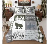 Erosebridal Hunting Deer Wolf Queen Size 7 Piece Bedding Set Rustic Farmhouse Deer Bed in A Bag for Boys Teens Adult Lodge Woodland Wildlife Comforter Set with Sheets Buffalo Plaid Patchwork Bed Sets