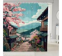 Erosebridal Japanese Showa Style Bathroom Shower Curtain Sets Cherry Blossom Spring Decor Shower Curtain, Eastern Country Traditional House and Nature Fabric Shower Curtain 72" Wx72 L