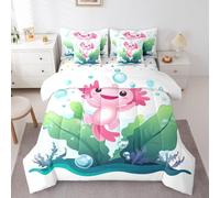 Erosebridal Kawaii Axolotl 7 Piece Bedding Set Cartoon Funny Axolotl Comforter Set Full Bed in a Bag Cute Pink Pet Animal Bed Sheets Underwater World Oasis Plants Sheets Room Decor