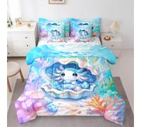 Erosebridal Kawaii Axolotl Comforter Set 7 Piece Bed in A Bag Twin,Blue Ocean Bedding Sets for Kids Boys Girls Cute Room Decor Aesthetic,Sea Beach Animal Comforter and Sheets Cartoon 3D Bed Set
