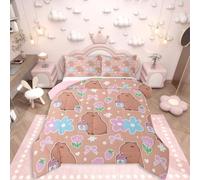Erosebridal Kawaii Capybara Full Bedding Set for Girls, Pink Bow Comforter Set, Pink and Blue Florals Duvet Insert, Strawberry Comforter with 2 Pillowcases for Kids Women Teens Capybara Room Decor