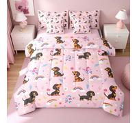 Erosebridal Kawaii Dachshund Full Comforter Set with Sheets 7 Piece Cute Puppy Dog Bed in A Bag Cartoon Love Heart Floral Animal Bedding Sets for Women Adults Lovely Watercolor Plants Leaves Bed Set