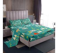 Erosebridal Kids Camping Bed Sheets Set Queen Size, Farmhouse Camper Car Bedding Set, Deer Wild Animals Sheet Set, Mountain Adventure Sheets, Firemen Woodland Flat Fitted Sheet, 4Pcs Green