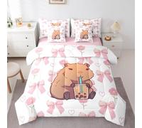 Erosebridal Kids Capybara Queen Size Comforter Set with Sheets for Boys Girls, Cute Pink Bow 7 Piece Bedding Set, Cartoon Bowknot Floral Print Bed in A Bag Aesthetic White Pink Room Decor