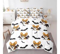 Erosebridal Kids Corgi Dog Twin Bed in a Bag for Boys Girls, Kawaii Corgi Puppy Dogs Comforter Set 7 Piece, Halloween Black Bat Costume Print Bedding Sets, Dog Animals Sheet Set with Comforter
