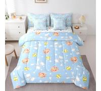 Erosebridal Light Blue Coquette Bow Twin Size Bedding Set Modern Softball Bowtie 7 Pieces Comforter Set with Sheets Girls Young Cute Watercolor Baseball Bed in a Bag Pastel Stars Dots Print Bed Sets