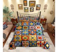 Erosebridal Mexican Talavera Tile Comforter Set King Size,Exotic Ethnic Boho Style Bedding Set for Kids Adults Room Decor,Colorful Bohemian Quilt Bed Set Geometric Flower Down Comforter 3Pcs