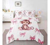 Erosebridal Monkey Bedding Comforter Sets Pink Kawaii Bow Girls Full Bedding Set Cute Cartoon Bowknot Monkey Comforter Set for Kids Teen Women Room Decor,Brown Woodland Animal Bed Set