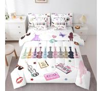 Erosebridal Music Fans Print Comforter Set King Music Theme Bedding Sets 7 Piece Singer Fans White Bed in A Bag Fashion Birthday Valentines Day Gift Sheet Set with Comforter for Musics Lovers