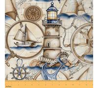 Erosebridal Nautical Sailboat Fabric by The Yard, Lighthouse Upholstery Fabric, Ship Map Medieval Rope Anchor Steering Wheel Decorative Fabric for Boys Teens,Ocean Indoor Outdoor Fabric， 1 Yard