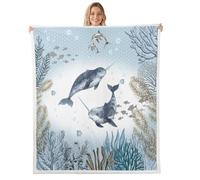 Erosebridal Ocean Narwhal Fleece Throw Blanket Twin 60"X80" Teal Blue Sea Coastal Fuzzy Sherpa Blanket Underwater World for Kids Bed Couch Coral Reef Fish Kawaii Marine Life Room Decor