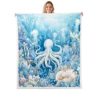 Erosebridal Octopus Plush Sherpa Blanket Ocean Animals Theme Underwater World Coral Fleece Throw Blanket Warm Plush Queen 90"x90", for Kids Boys Girls Adults 3D Printed