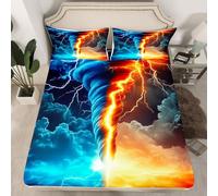Erosebridal Orange Blue Tornado Fitted Sheet Lightning Bedding Set Full Size for Kids Boys Girls,Natural Disaster Dark Cloud Bed Sheets Tornado Hurricane Fitted Bed Sheet Room Decor