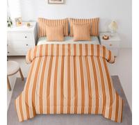 Erosebridal Orange Geometric Stripes Bedding Set Queen White Vertical Stripe Comforter Set 7 Piece Contemporary Line Bed in A Bag for Kids Adults Modern Aesthetic Simple Quilt with Flat Fitted Sheet