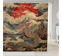 Erosebridal Oriental Dragon Bath Curtain Japanese Style Shower Curtain, Mountain Sea Ocean Waterproof Bathroom Curtain Sun Printed Shower Accessories, Vintage Asian Theme Bathtub Decor