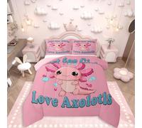 Erosebridal Pink Axolotl Bedding Set Twin for Girls, Cartoon Axolotl Comforter Set for Kids Boys Teens Women, Kawaii Salamander Comforter, Sea Animal Love Heart Quilt 2 Piece, 1 Pillowcase
