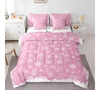 Erosebridal Pink Christmas 7 Pcs Comforter Set Full Bed in a Bag,Girly Romantic Snowflake Bedding Set,Princess Winter Quilt,Girls Modern Xmas Duvet Insert,Pink Floral Sheet Set with Comforter