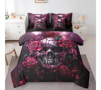 Erosebridal Pink Halloween 7 Piece Bedding Set Sugar Skull Rose Flowers Comforter Set with Sheets King Size for Adults Men Women,Spooky Skeleton Gothic Bed in A Bag Pink Romantic Rose Floral Bed Set