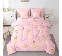 Erosebridal Pink Softball Bow Twin Size Bedding Set Cute Coquette Baseball Gloves 7 Pieces Comforter Set with Sheets Girls Aesthetic Sports Stars Print Bed in a Bag Preppy Watercolor Bowknot Bed Sets