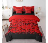 Erosebridal Red Black Bats 7 Pcs Comforter Set King,Halloween Decor Birds Bed in a Bag with Flat Sheet and Fitted Sheet for Kids Teens,Goth Gothic Horror Theme Bedding Set with Pillowcase and Sham